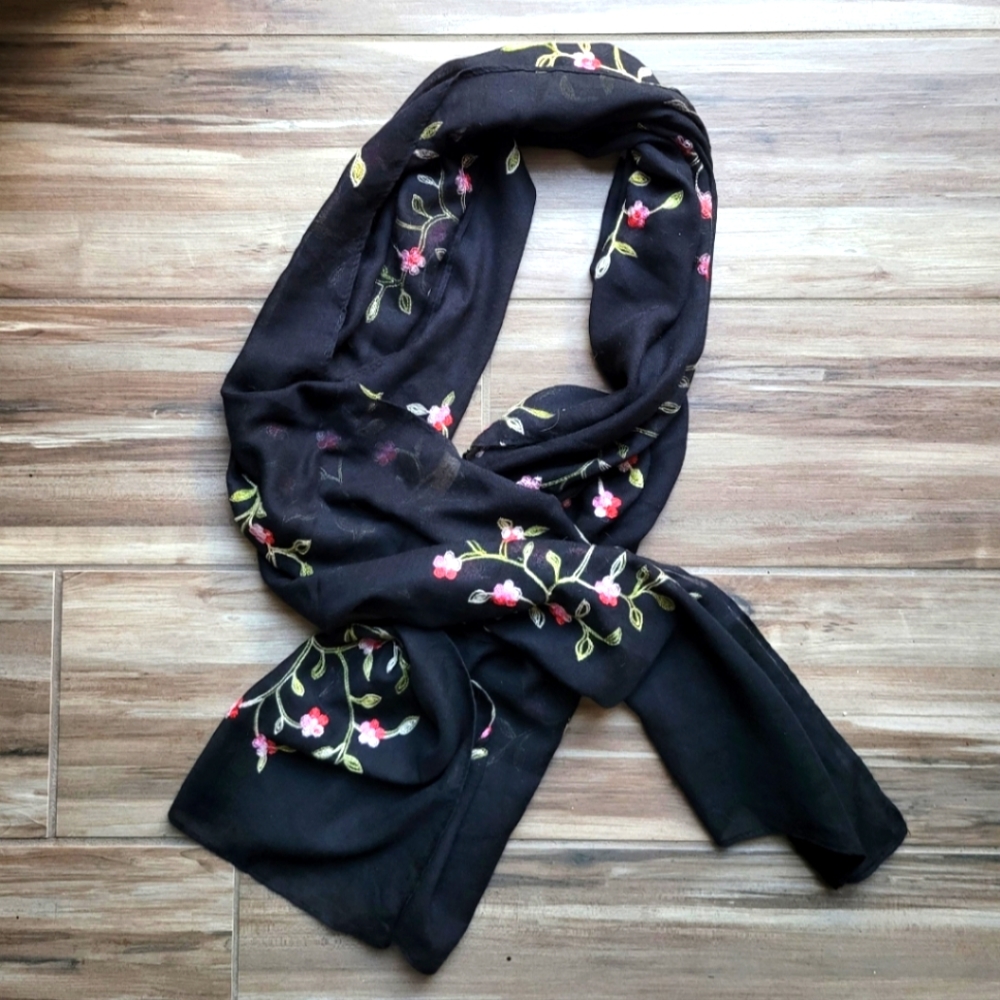 Black Sheer Scarf with Embroidered  Flowers Pashmina Cover Up Shawl